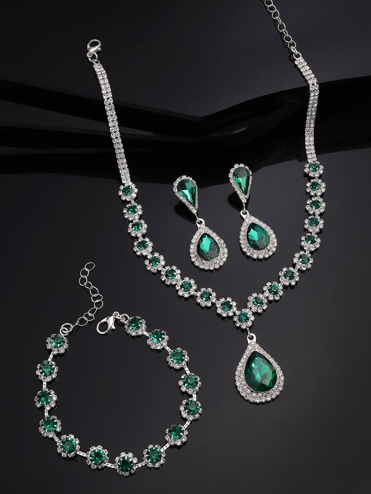 Sukkhi Ornamental Stylish AD Stone Diamonds Studded Rhodium Plated Silver Green Drop Choker Necklace with Drop Earring Combo Jewellery Set for Women & Girls|CBMIX107313