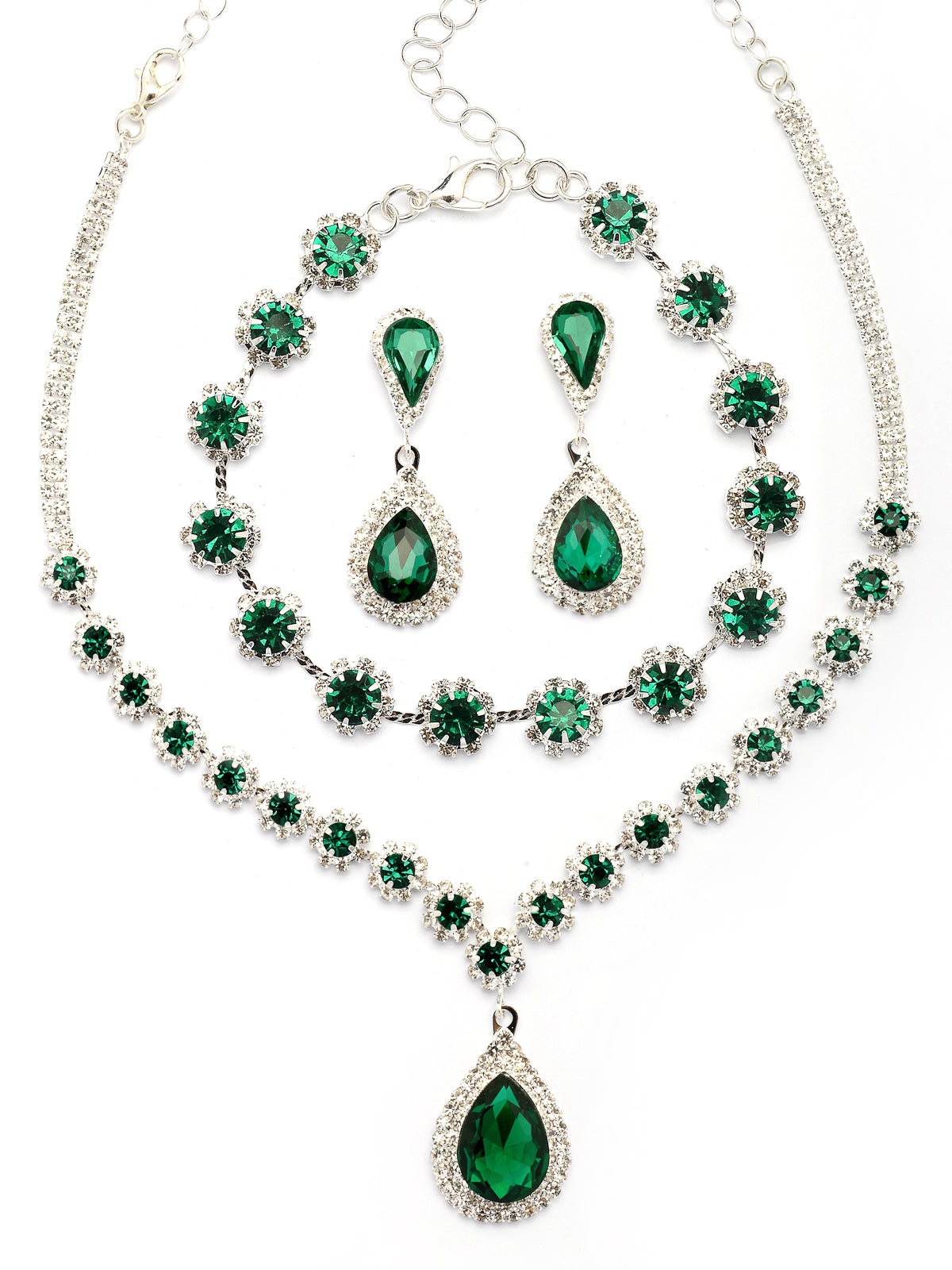 Sukkhi Ornamental Stylish AD Stone Diamonds Studded Rhodium Plated Silver Green Drop Choker Necklace with Drop Earring Combo Jewellery Set for Women & Girls|CBMIX107313