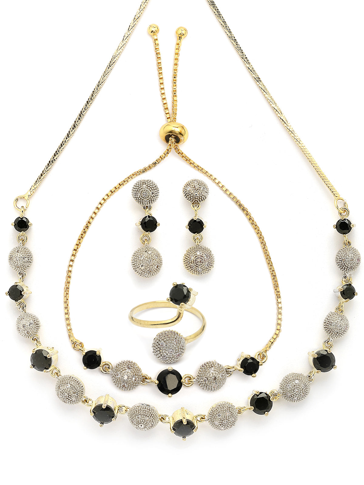 Sukkhi Western Stylish Silver Gold Plated American Diamond Studded Choker Necklace with Drop Earring Bracelet & Ring Jewellery Combo Set For Women & Girls|CBMIX107316