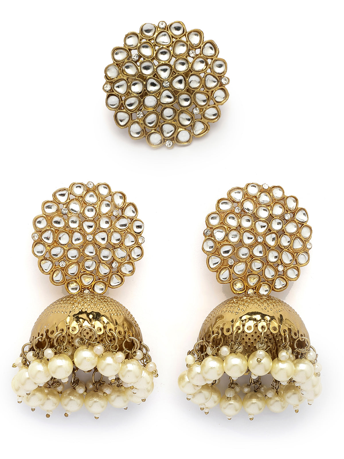 Sukkhi Traditional Fashion Antique Gold Plated Kundan & Pearls Studded Jhumka/Jhumki Earring Ring Combo Set Jewellery for Women & Girls|CBMIX107433