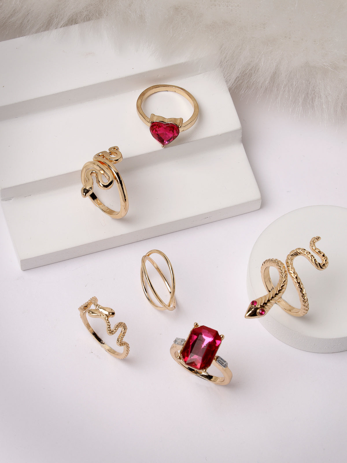 Scintillare by Sukkhi Attractive Rose Gold Plated Crystals Stones Heart & Snake Designs Combo Set Rings for Women & Girls | Combo Set of 6 | Valentine Day Gifts | Boho Midi Stackable Rings|CBR106661