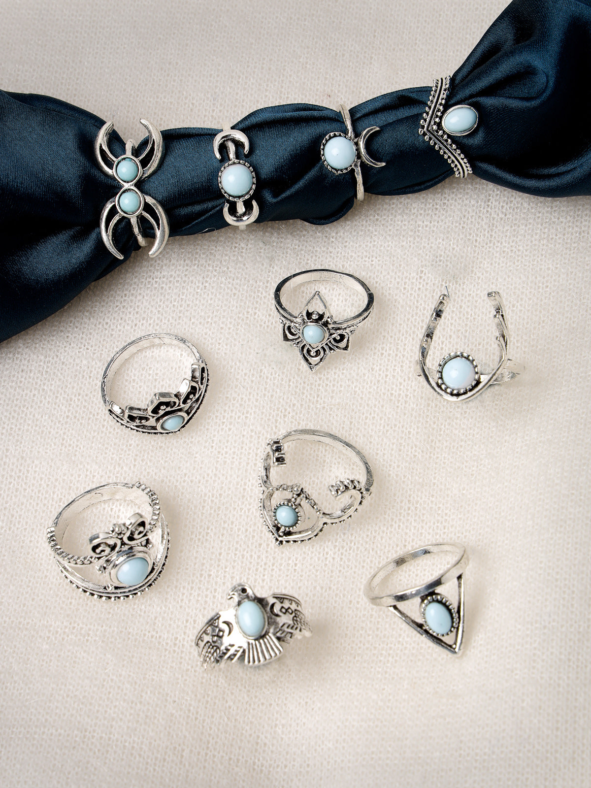 Scintillare by Sukkhi Unique Fashionable Rhodium Plated Silver Oxidised 9 Pcs Combo Finger Rings for Women & Girls | Boho Midi Stackable Knuckle Rings|CBR106774