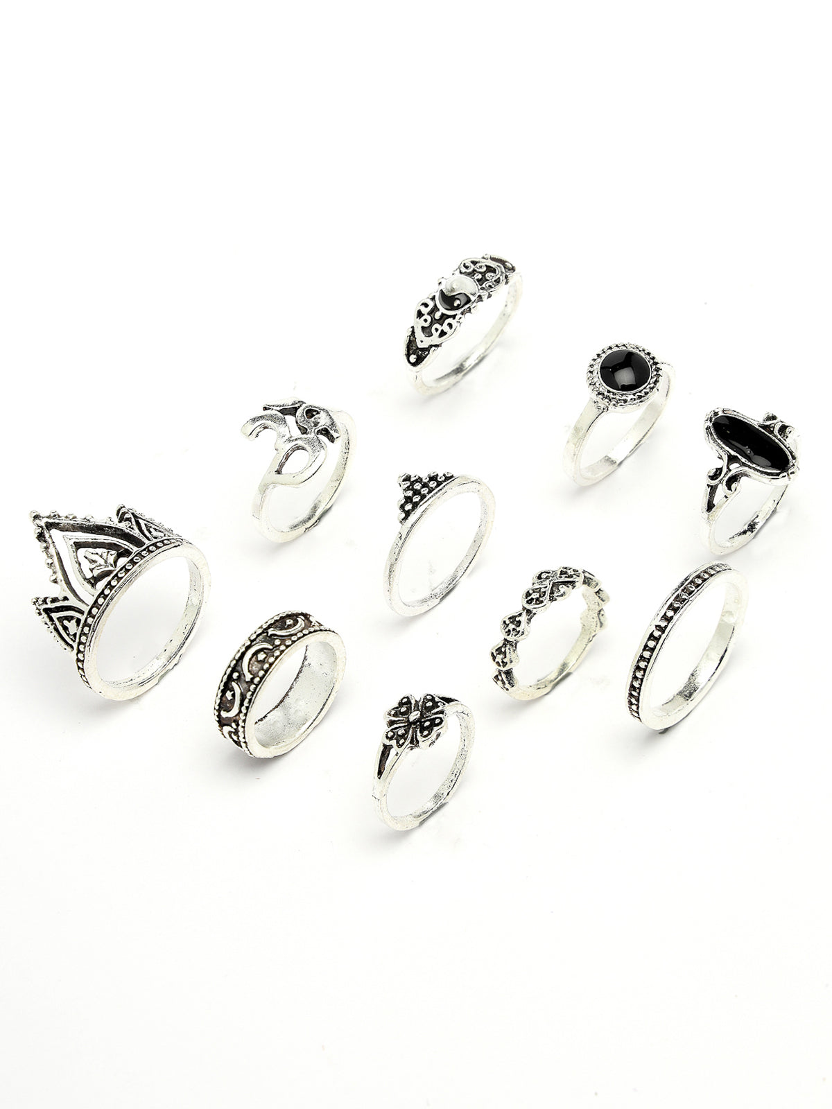 Scintillare by Sukkhi Unique Fashion Rhodium Plated Silver Oxidised Midi Combo Finger Rings for Women & Girls Set of 10 | Boho Midi Stackable Knuckle Rings|CBR106779