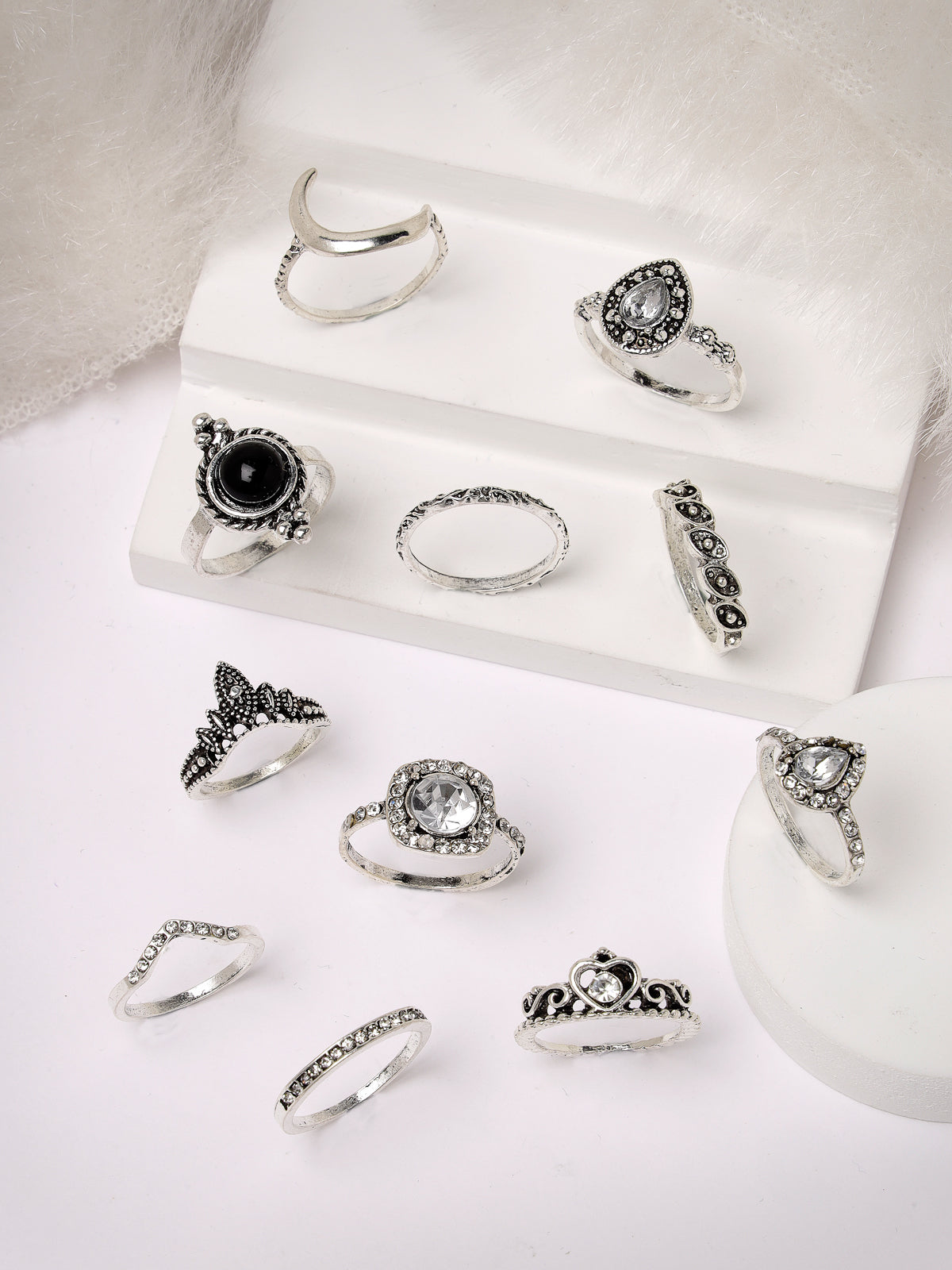 Scintillare by Sukkhi Unique Fashion Rhodium Plated Silver Oxidised Midi Combo Finger Rings for Women & Girls Set of 10 | Boho Midi Stackable Knuckle Rings|CBR106779