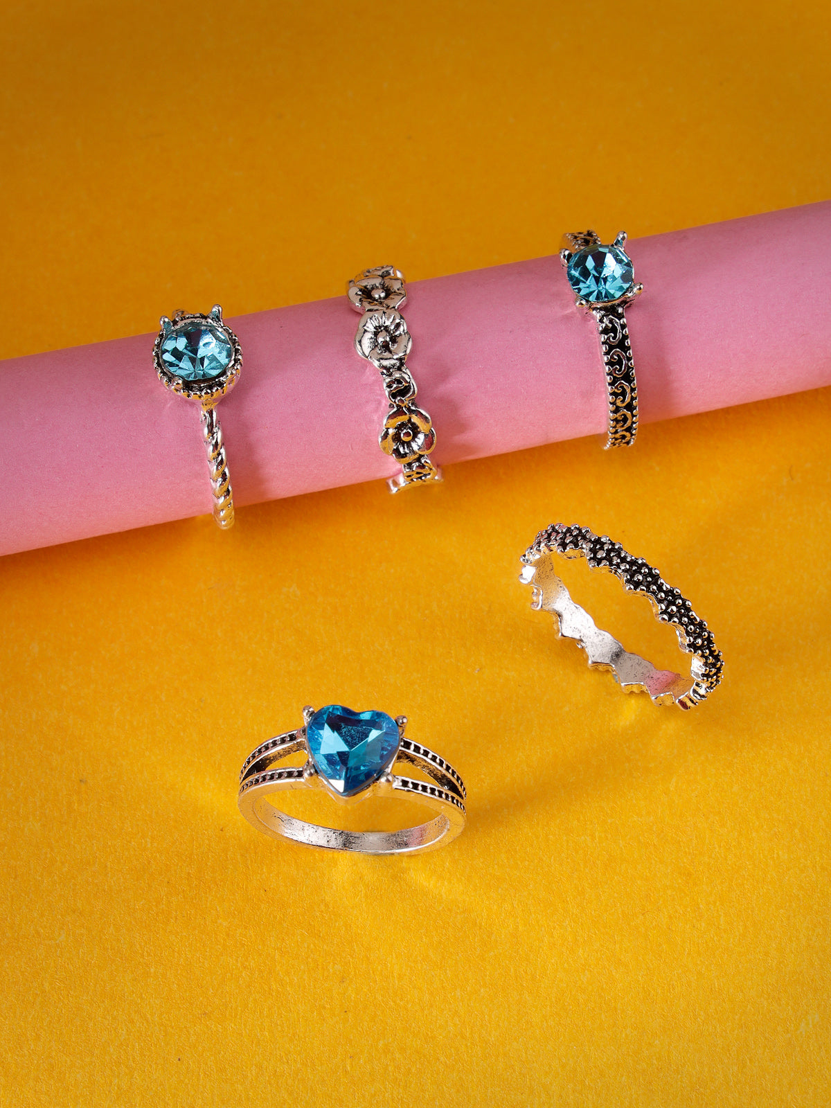 Scintillare by Sukkhi Unique Stylish Rhodium Plated Silver Oxidised with Crystals Stones Studded Silver Midi Finger Rings Combo Set of 5 for Women & Girls|Boho Midi Stackable Knuckle Rings|CBR106817