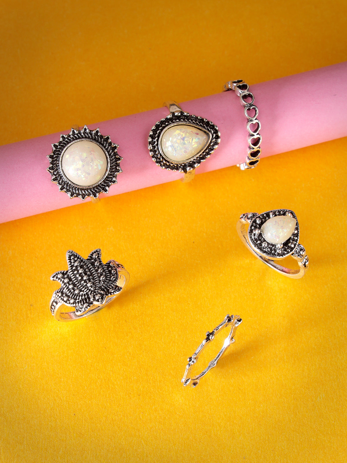 Scintillare by Sukkhi Amazing Rhodium Plated Silver Oxidised Rings Combo Set of 8 for Women & Girls | Boho Midi Stackable Knuckle Rings|CBR106821