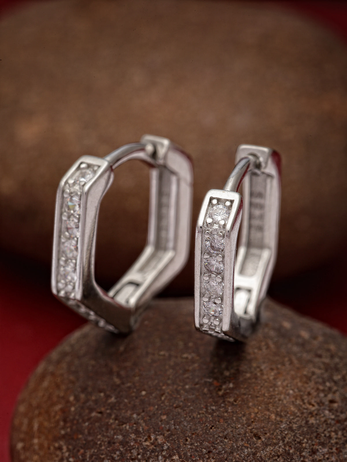 Pissara by Sukkhi Sparking 925 Sterling Silver Pentagon Shaped Cubic Zirconia Hoop Earrings For Women & Girls|with Authenticity Certificate, 925 Stamp & 6 Months Warranty E105097