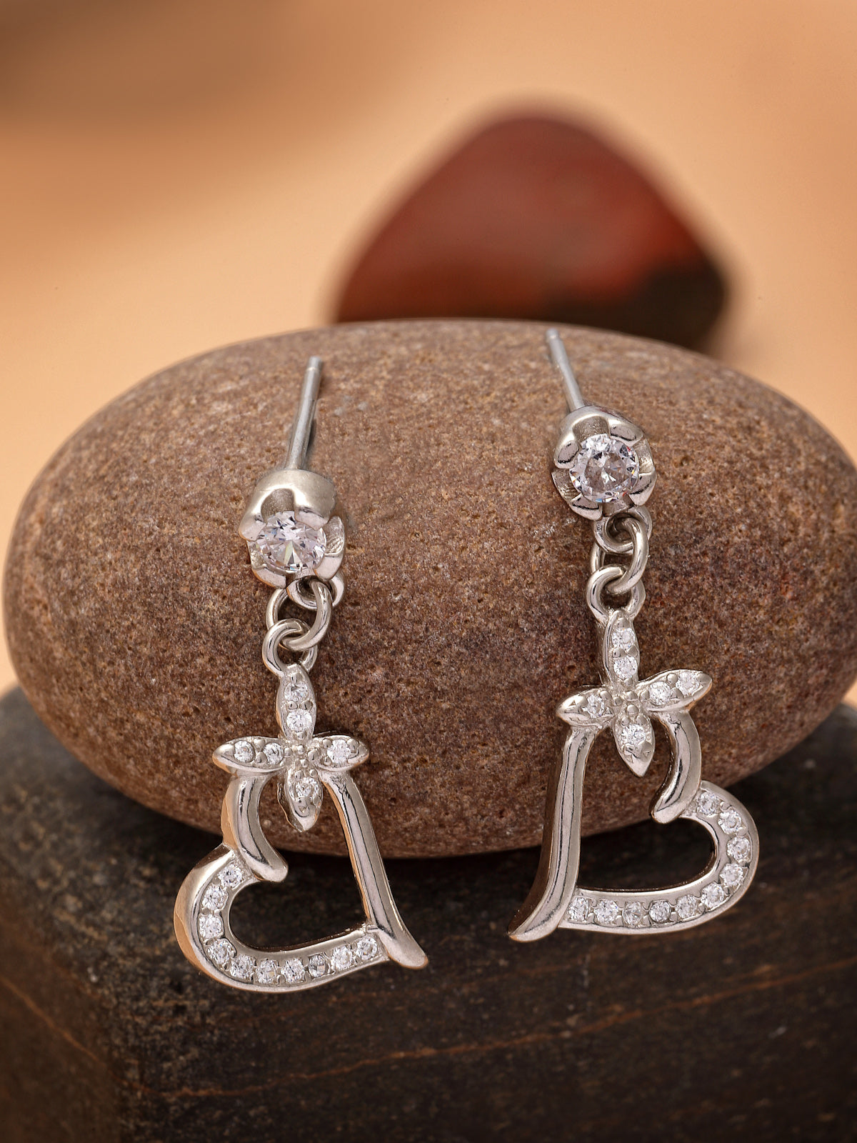 Pissara by Sukkhi Adorable 925 Sterling Silver Heart Shaped Cubic Zirconia Dangle Earrings For Women & Girls|with Authenticity Certificate, 925 Stamp & 6 Months Warranty E105113