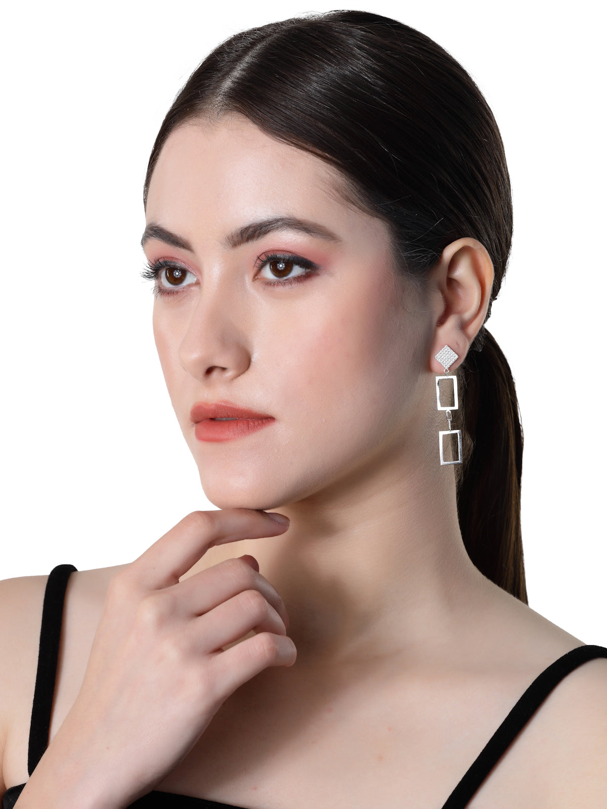 Pissara by Sukkhi Stylish 925 Sterling Silver Rectangle Shaped Cubic Zirconia Dangle Earrings For Women & Girls|with Authenticity Certificate, 925 Stamp & 6 Months Warranty E105140