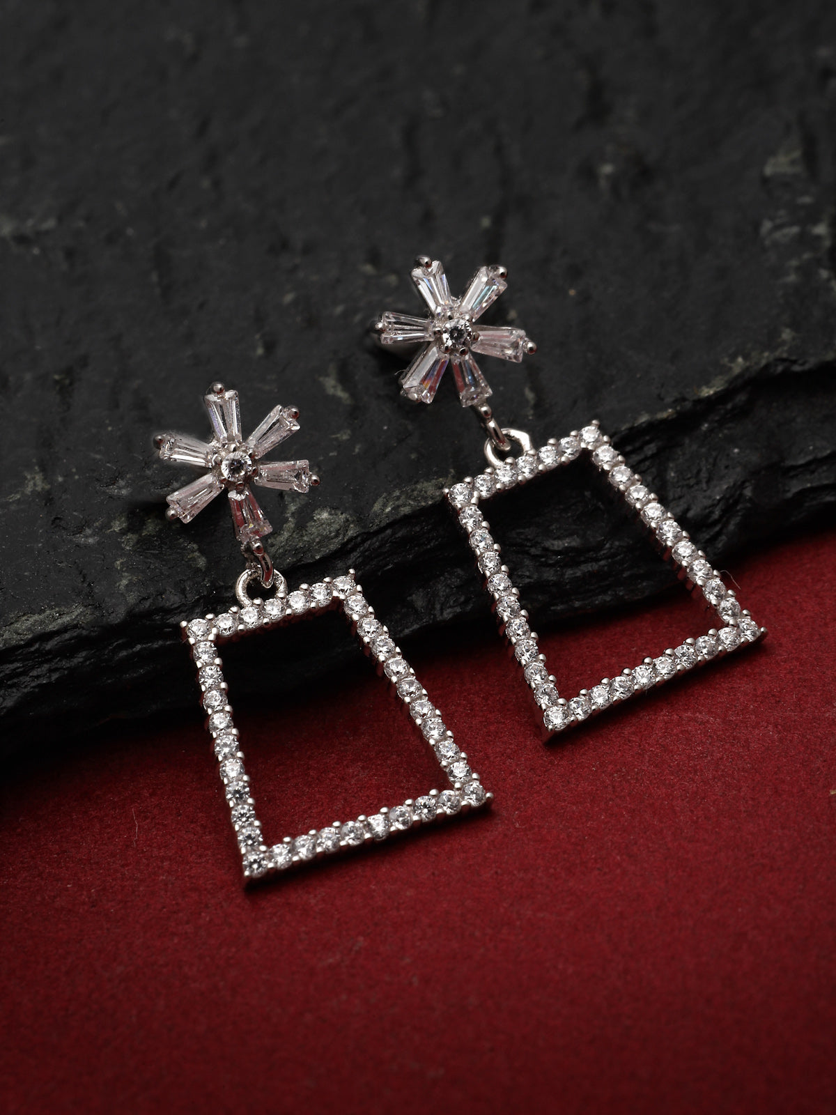 Pissara by Sukkhi Fascinating 925 Sterling Silver Rectangle Shaped Cubic Zirconia Dangle Earrings For Women & Girls|with Authenticity Certificate, 925 Stamp & 6 Months Warranty E105142