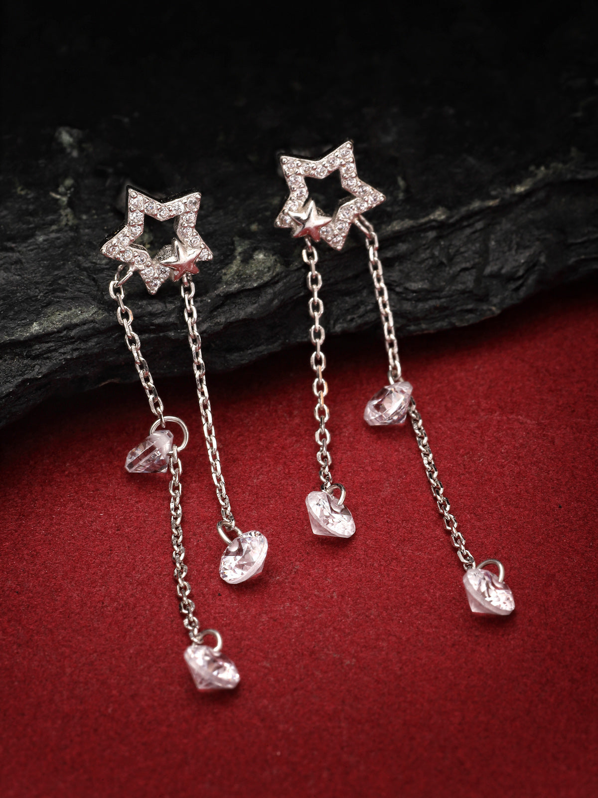 Pissara by Sukkhi Gorgeous 925 Sterling Silver Star Shaped Cubic Zirconia Dangle Earrings For Women & Girls|with Authenticity Certificate, 925 Stamp & 6 Months Warranty E105145