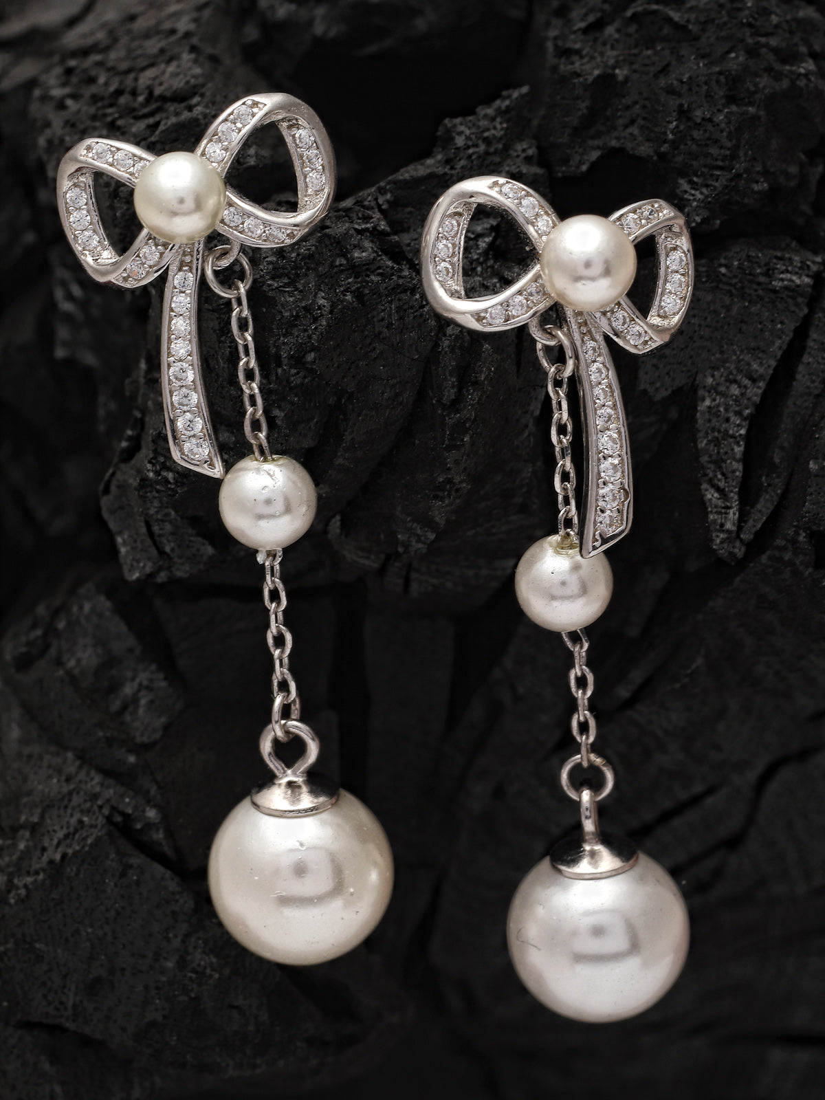 Pissara by Sukkhi Shimmering 925 Sterling Silver Bow Shaped Cubic Zirconia Dangle Earrings For Women & Girls|with Authenticity Certificate, 925 Stamp & 6 Months Warranty E105150