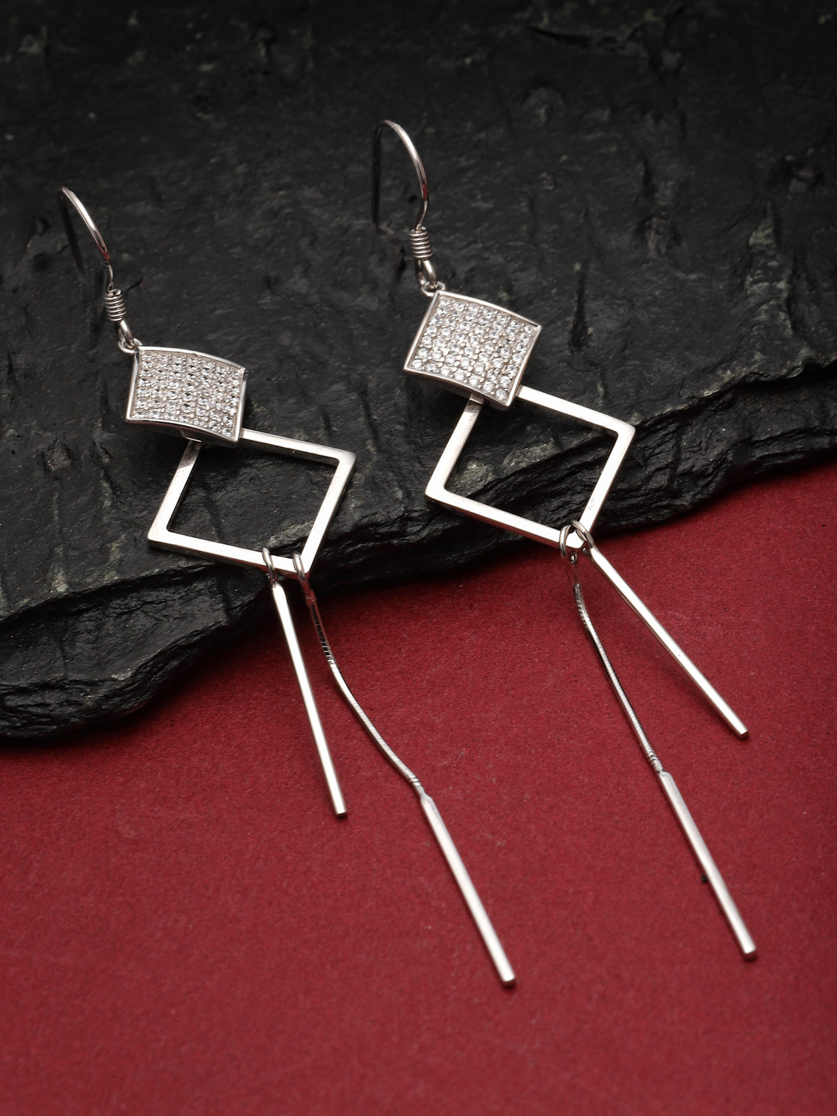 Pissara by Sukkhi Divine 925 Sterling Silver Square Shaped Cubic Zirconia Dangle Earrings For Women & Girls|with Authenticity Certificate, 925 Stamp & 6 Months Warranty E105151