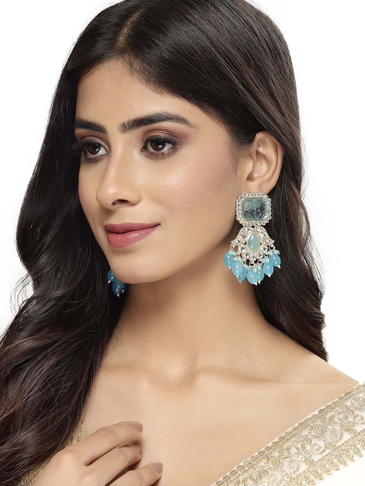 Studio Sukkhi Delicate Gold Plated Blue Kundan Studded Dangle Drop Earrings For Women And Girls E105750