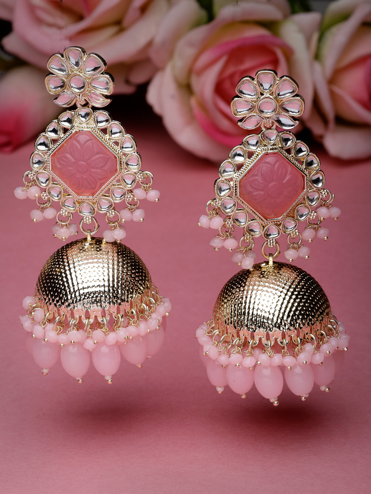 Studio Sukkhi Decent Gold Plated Pretty Pink Kundan Studded Jhumka/Jhumki Earrings For Women And Girls E105751