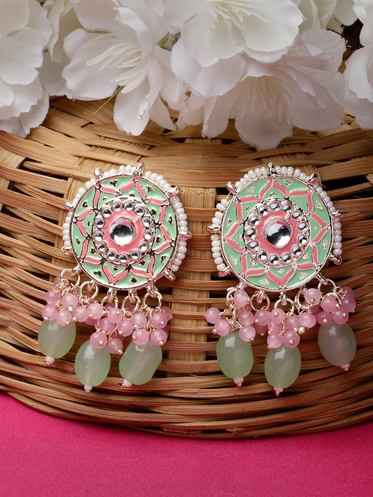 Studio Sukkhi Charming Gold Plated Pink & Mint Green Meenakari Stud Earrings For Women And Girls E105758