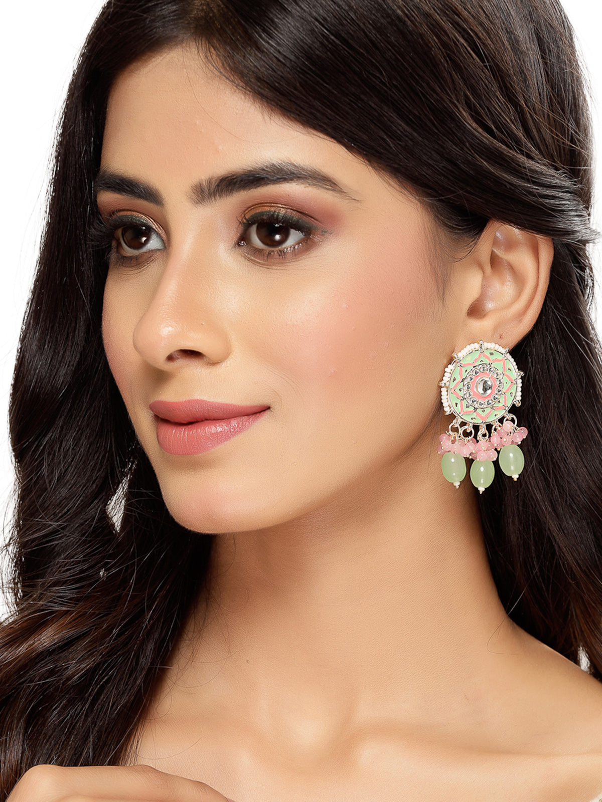 Studio Sukkhi Charming Gold Plated Pink & Mint Green Meenakari Stud Earrings For Women And Girls E105758