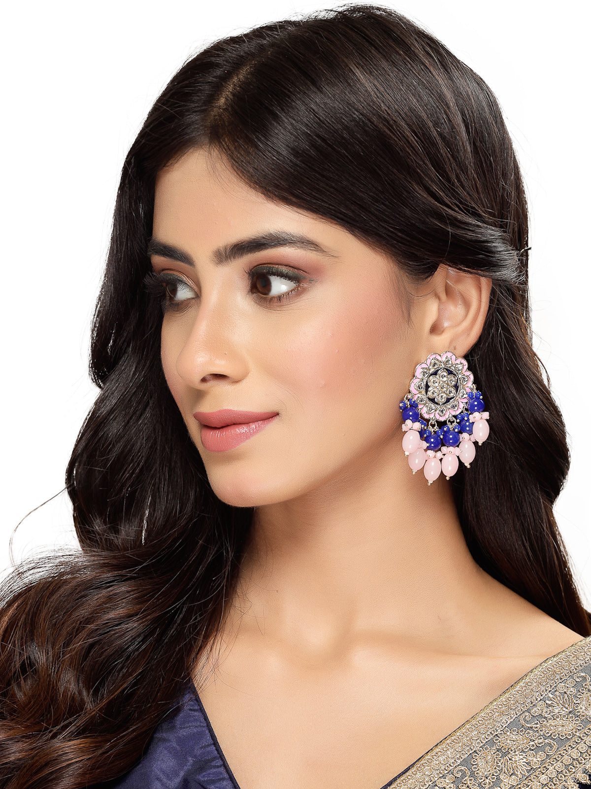 Studio Sukkhi Gold Tone Plated Traditional Kundan & Meenakari Pink Blue Studs Earring For Women And Girls E105760