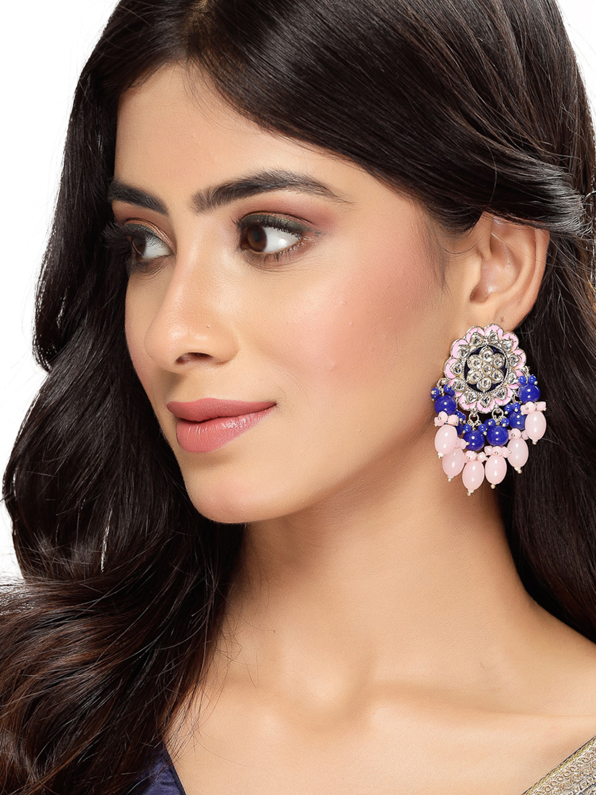 Studio Sukkhi Gold Tone Plated Traditional Kundan & Meenakari Pink Blue Studs Earring For Women And Girls E105760