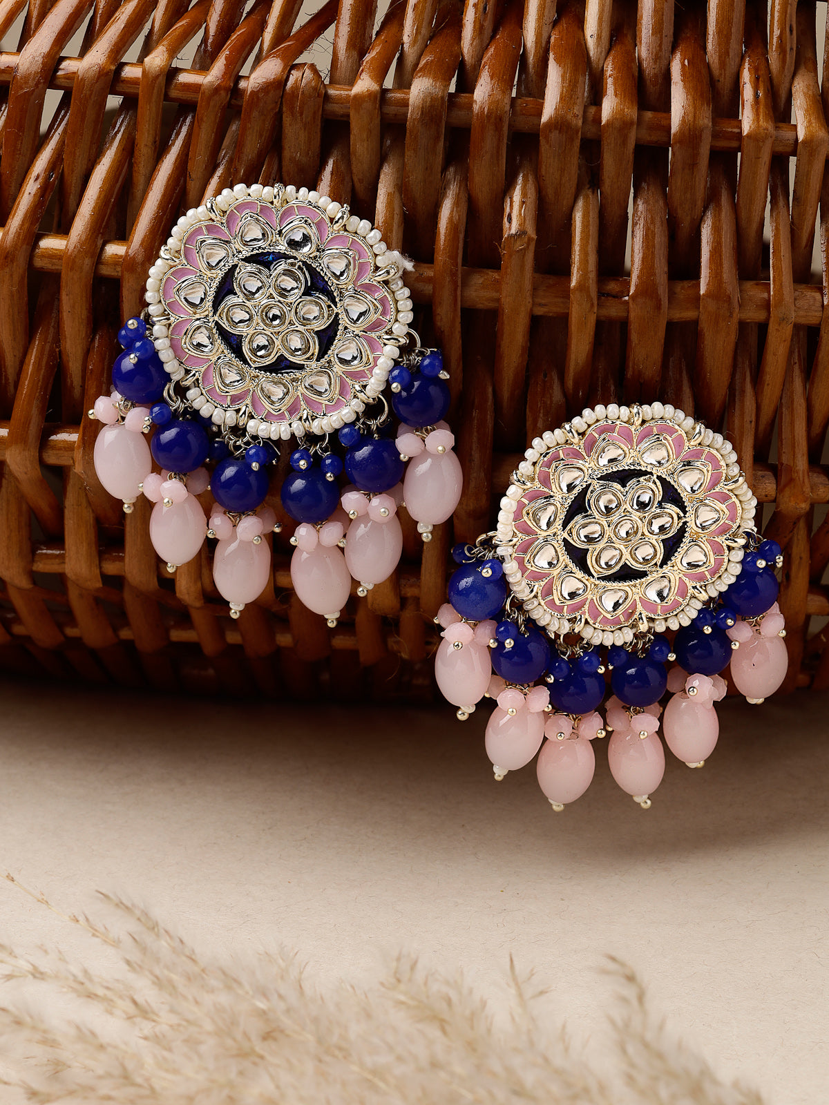 Studio Sukkhi Ethnic Floral Shaped Gold Tone Kundan And Meenakari Pink Blue Studs Earring For Women And Girls E105761