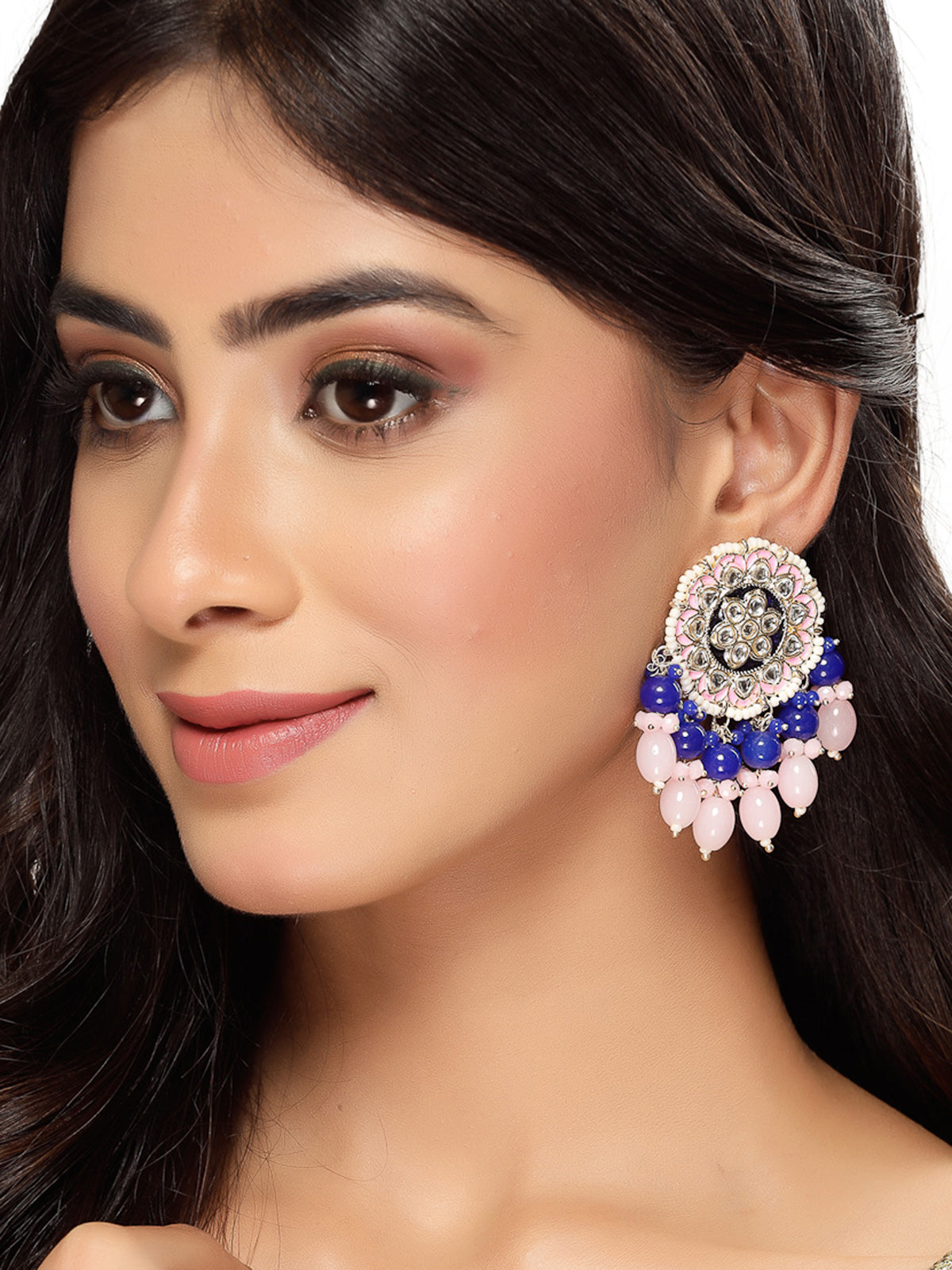 Studio Sukkhi Ethnic Floral Shaped Gold Tone Kundan And Meenakari Pink Blue Studs Earring For Women And Girls E105761