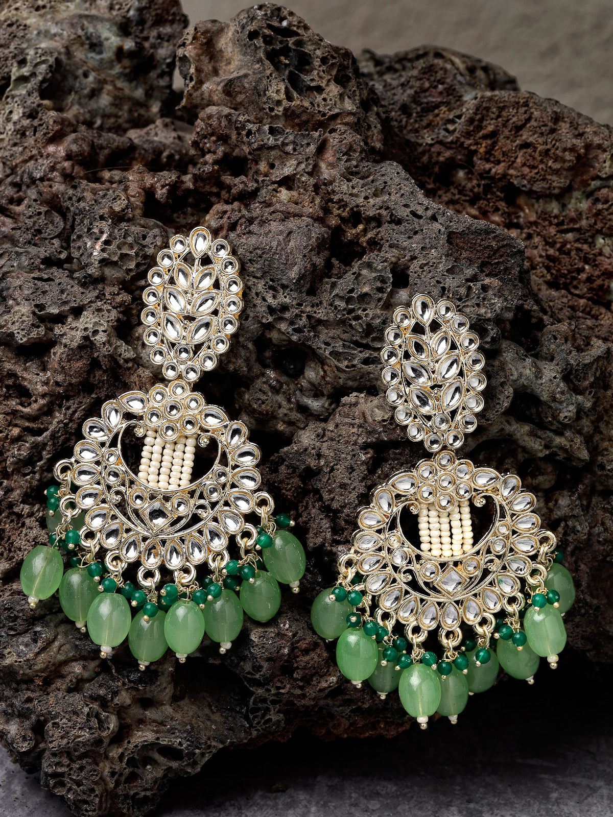 Studio Sukkhi Fashionable Gold Plated Mint Green Faux Beads with Kundan Studded Dangle & Drop Earrings For Women And Girls E105769