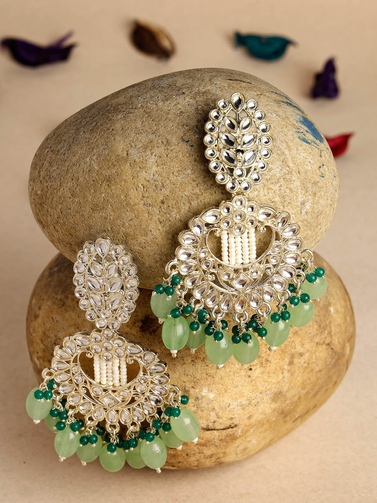 Studio Sukkhi Fashionable Gold Plated Mint Green Faux Beads with Kundan Studded Dangle & Drop Earrings For Women And Girls E105769