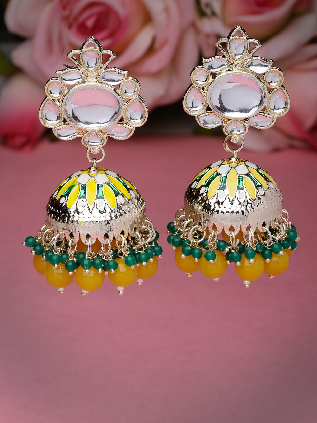 Sudio Sukkhi Elegant Fashionable Gold Plated Kundan With Yellow Green Meenakari Jhumka/Jhumki Earrings For Women And Girls E105773