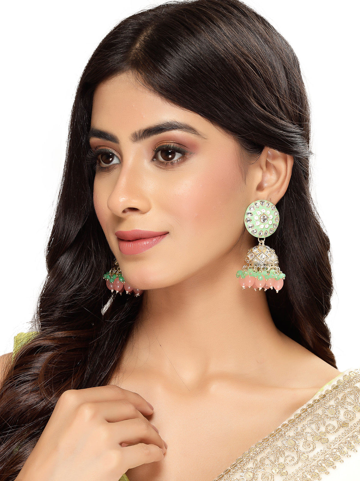Studio Sukkhi Attractive Meenakari Work with Kundan And Gold Plated Mint Green Pink Jhumka/Jhumki Earrings For Women And Girls E105776