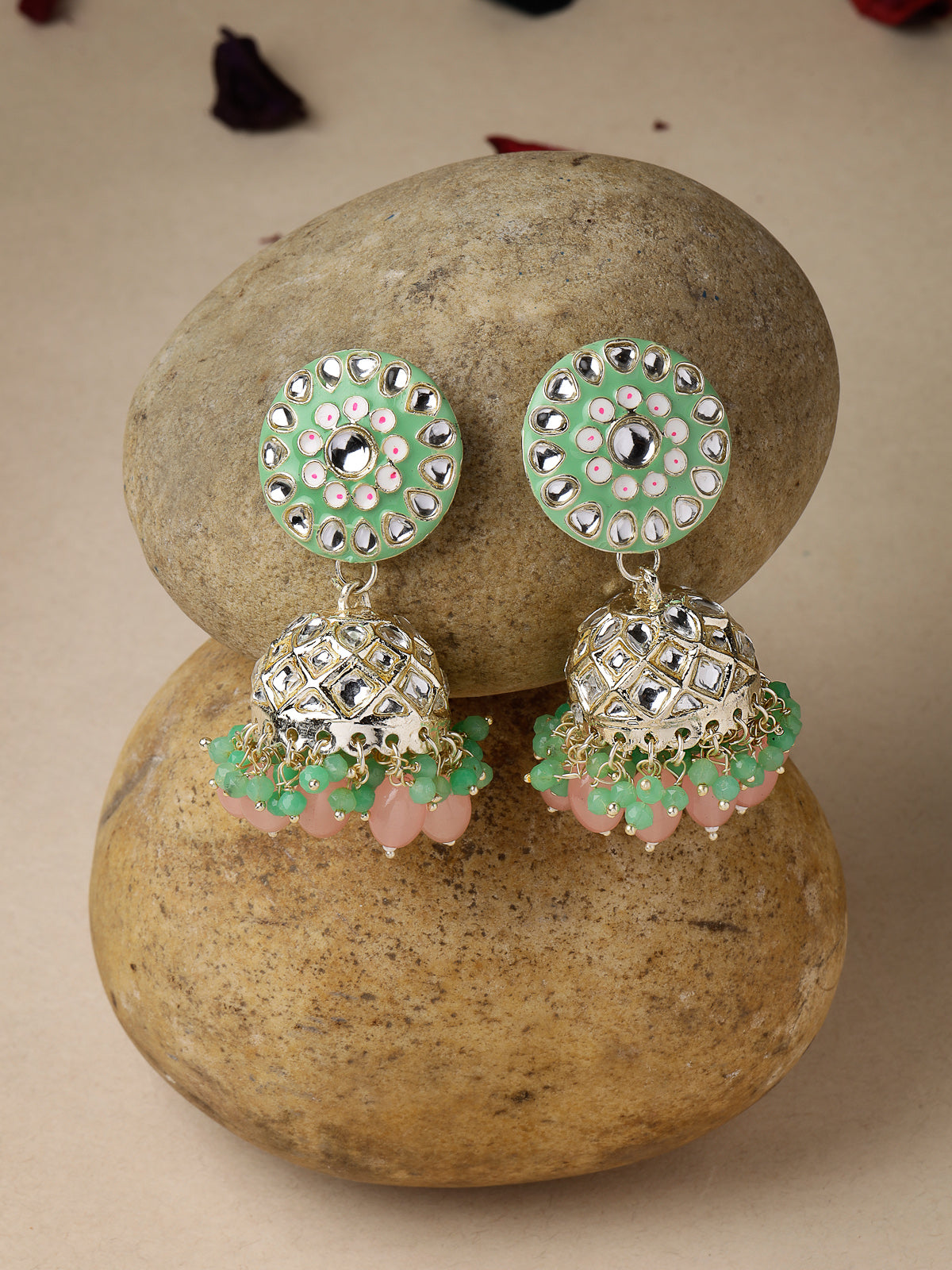 Studio Sukkhi Attractive Meenakari Work with Kundan And Gold Plated Mint Green Pink Jhumka/Jhumki Earrings For Women And Girls E105776