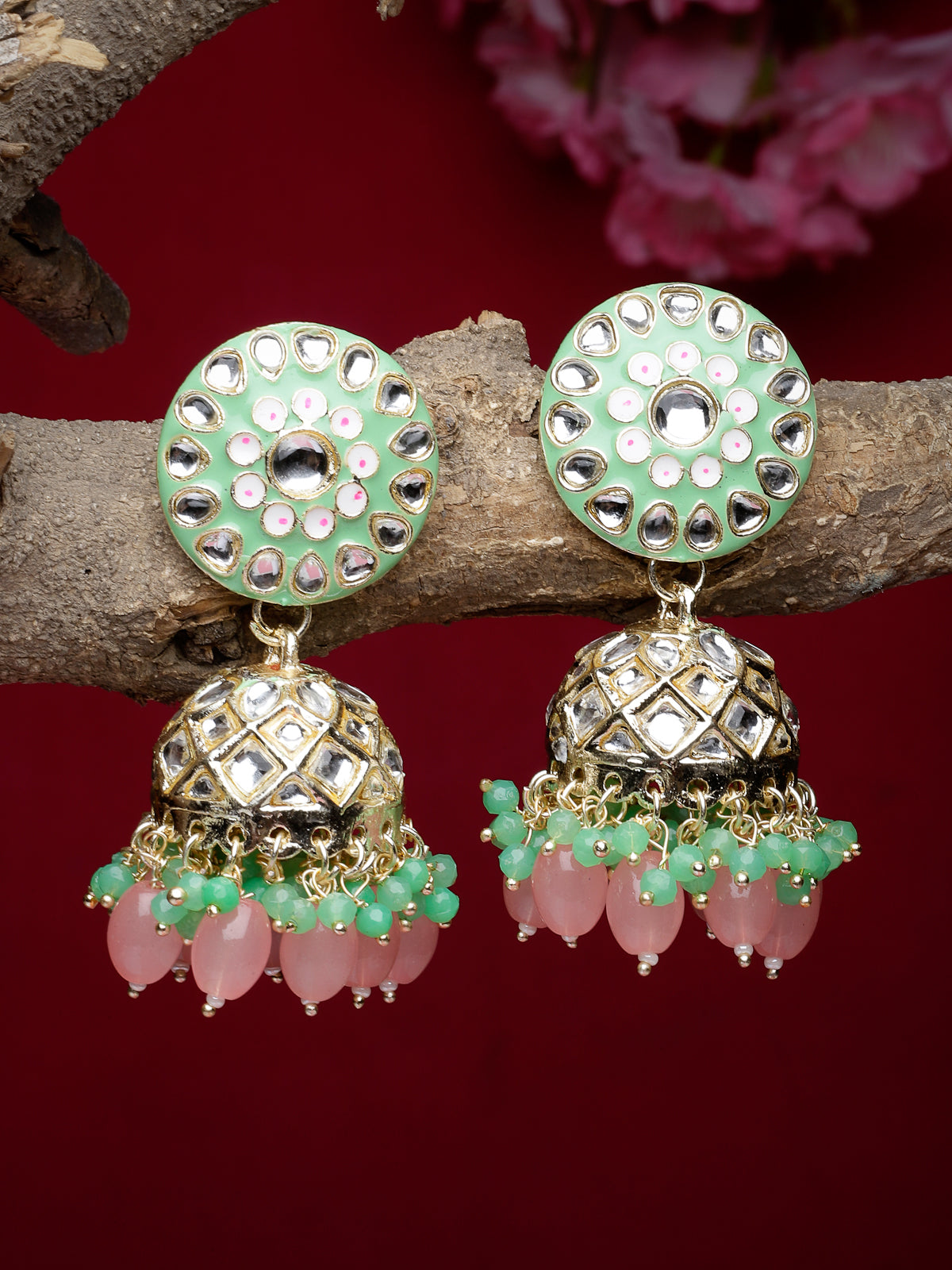 Studio Sukkhi Attractive Meenakari Work with Kundan And Gold Plated Mint Green Pink Jhumka/Jhumki Earrings For Women And Girls E105776