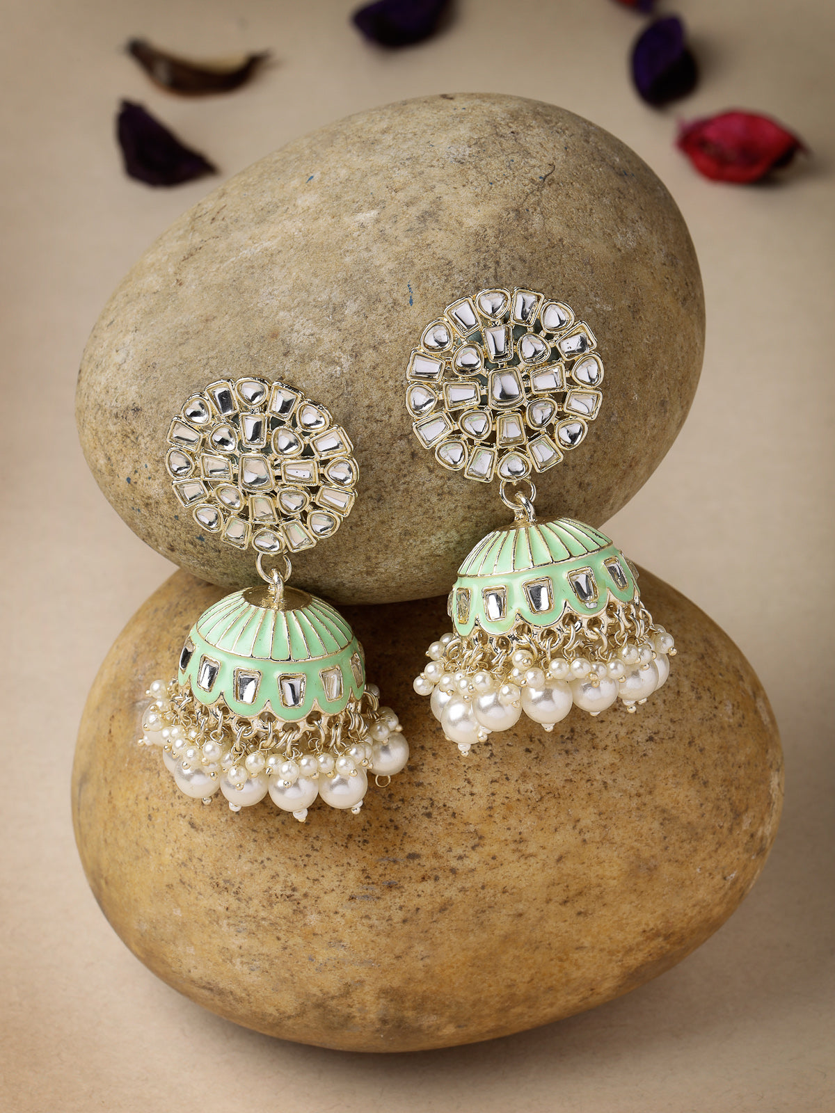 Studio Sukkhi Eye-Catchy Gold Plated Kundan With Meenakari Mint Green Jhumka/Jhumki Earrings For Women And Girls E105777