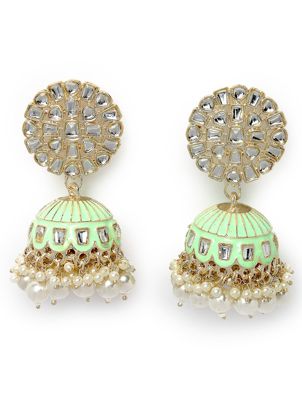Studio Sukkhi Eye-Catchy Gold Plated Kundan With Meenakari Mint Green Jhumka/Jhumki Earrings For Women And Girls E105777