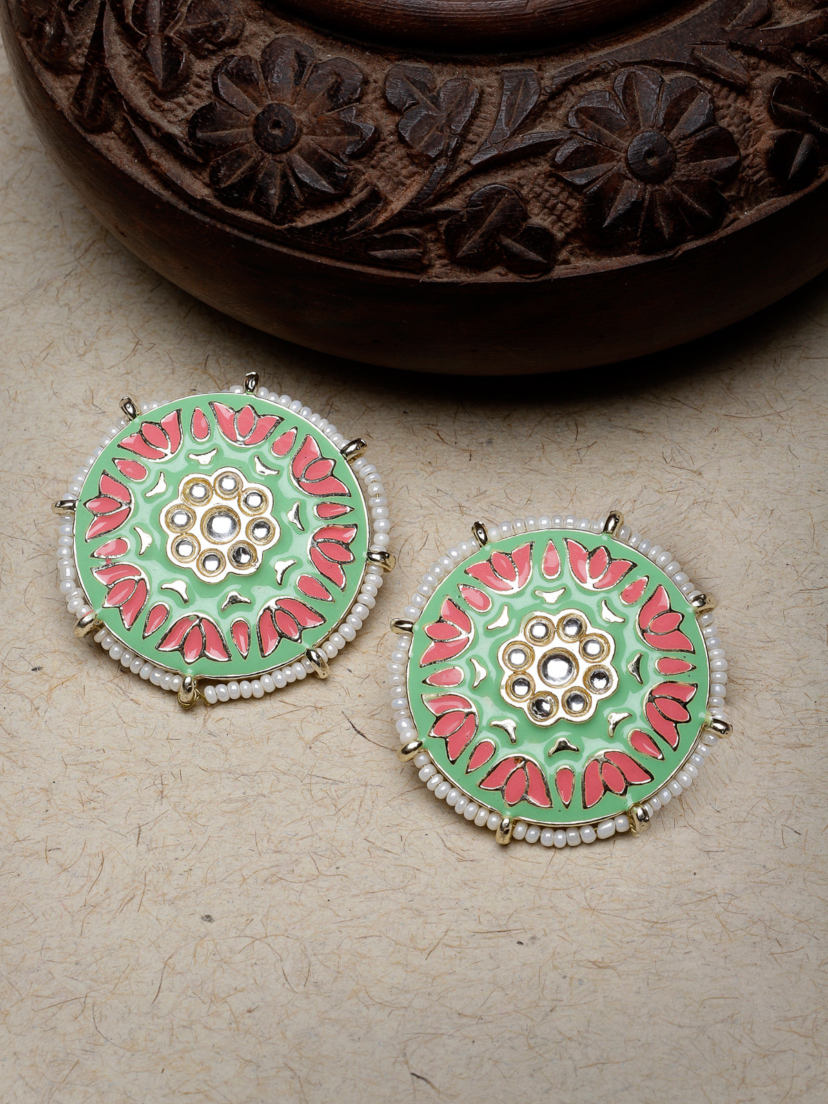 Studio Sukkhi Eye-Catchy Gold Plated With Mint Green And Pink Meenakari Studs Earrings For Women And Girls E105782