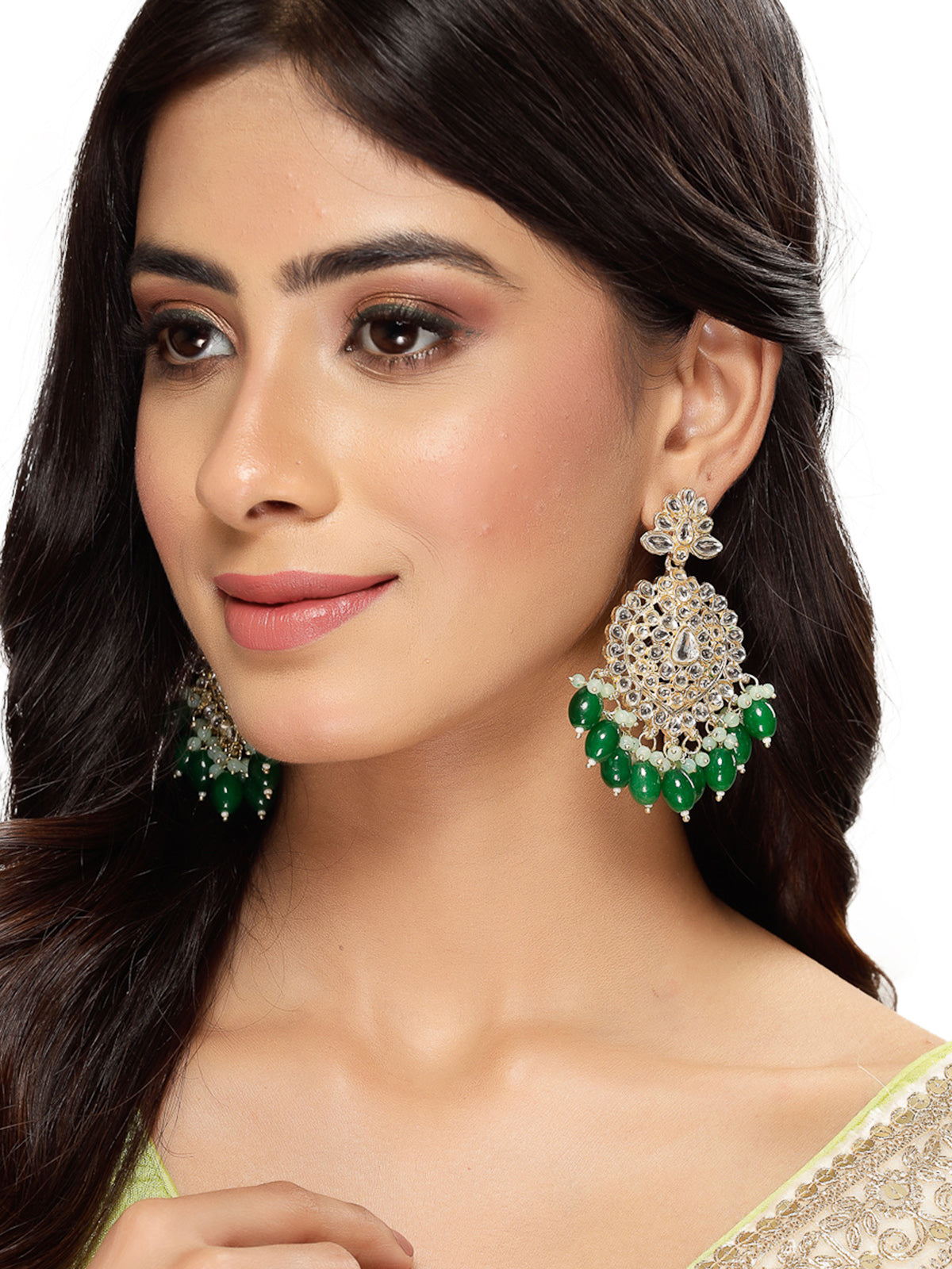 Studio Sukkhi Classy Gold Plated Green Faux Beaded With Kundan Dangle Drop Earrings For Women And Girls E105786