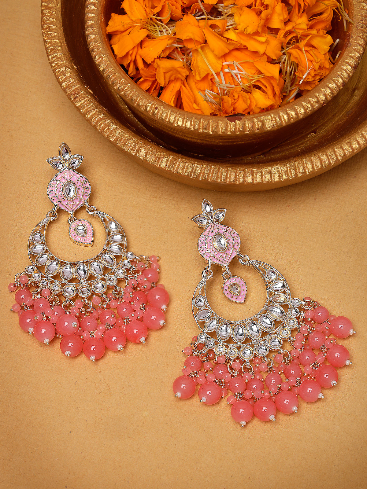 Studio Sukkhi Sparkling Gold Plated With Kundan Studded Pink Meenakari Chandbali Earrings For Women And Girls E105791