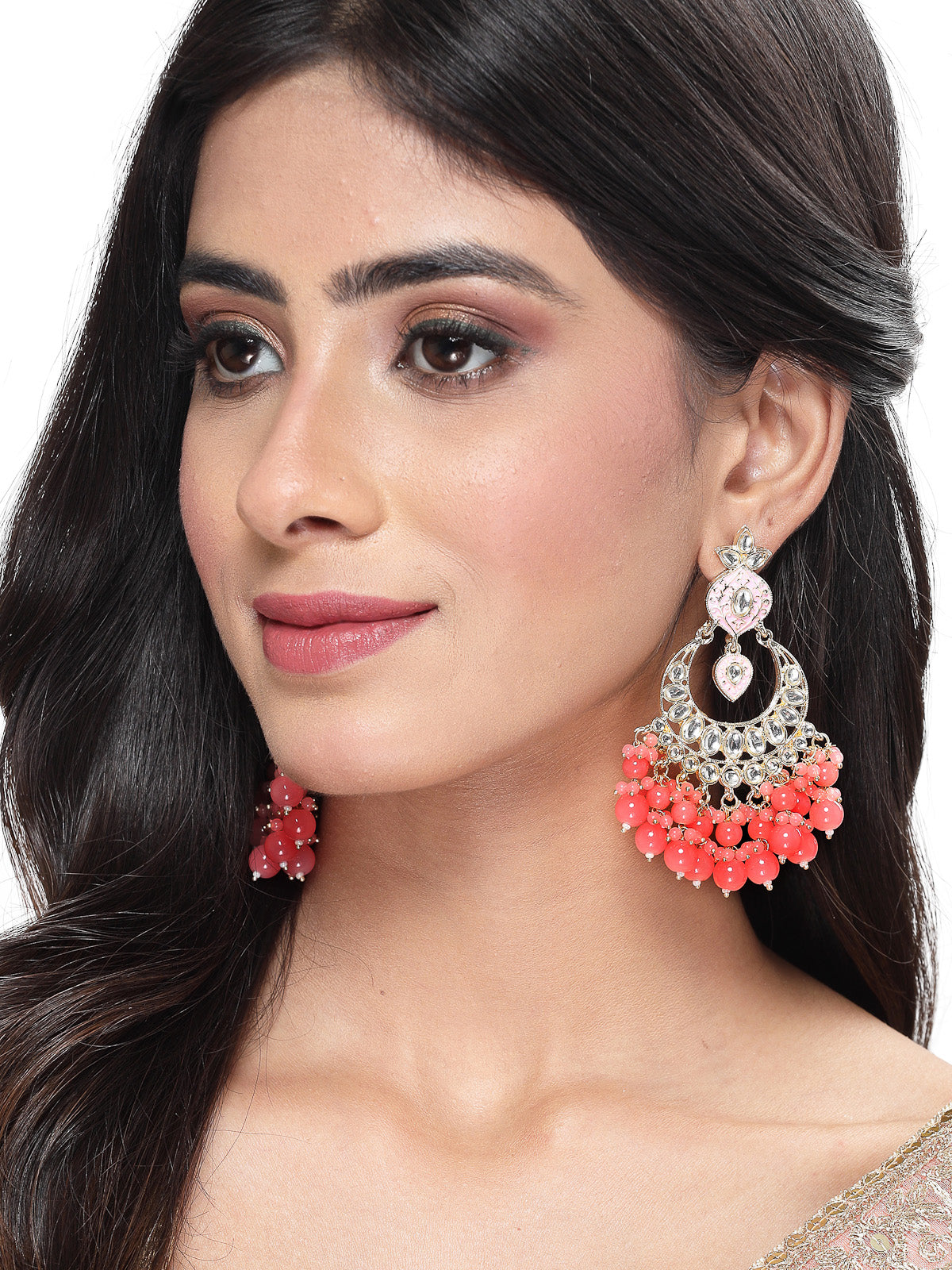Studio Sukkhi Sparkling Gold Plated With Kundan Studded Pink Meenakari Chandbali Earrings For Women And Girls E105791