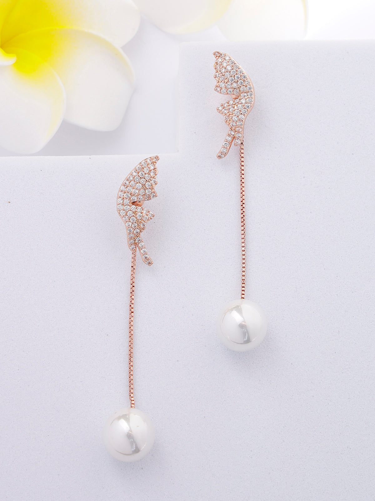 Scintillare By Sukkhi Stylish RoseGold Plated with Stainless Steel Pearls Long Dangler Earring Jewellery for Women & Girls|Anti Tarnish Jewellery|Gifts for Wife Girlfriend Mother Sister|E107071