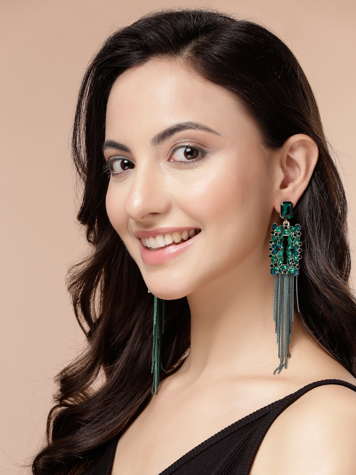 Scintillare By Sukkhi Sparkling Crystal Stone Studded Gold Plated Long Tassel Green Earrings for Women & Girls|Pair of 1|Gifts for Wife Girlfriend Mother Sister|E107214