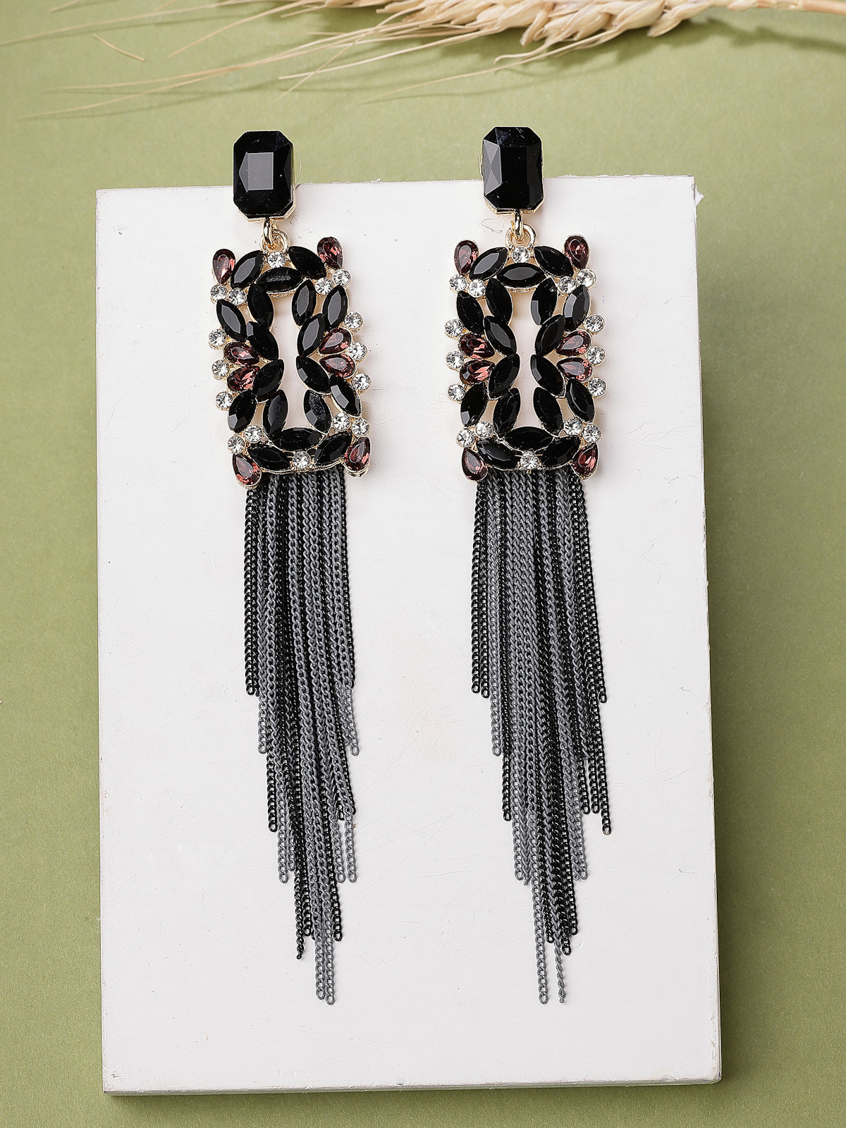 Scintillare By Sukkhi Sparkling Crystal Stone Studded Gold Plated Long Tassel Black Earrings for Women & Girls|Pair of 1|Gifts for Wife Girlfriend Mother Sister|E107215