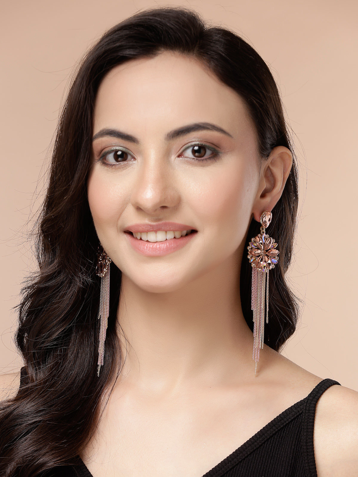 Scintillare By Sukkhi Fresh Flora Latest Stylish Gold Plated Crystal Handmade Long Tassel Peach Earrings for Women & Girls|Pair of 1|Gifts for Wife Girlfriend Mother Sister|E107216