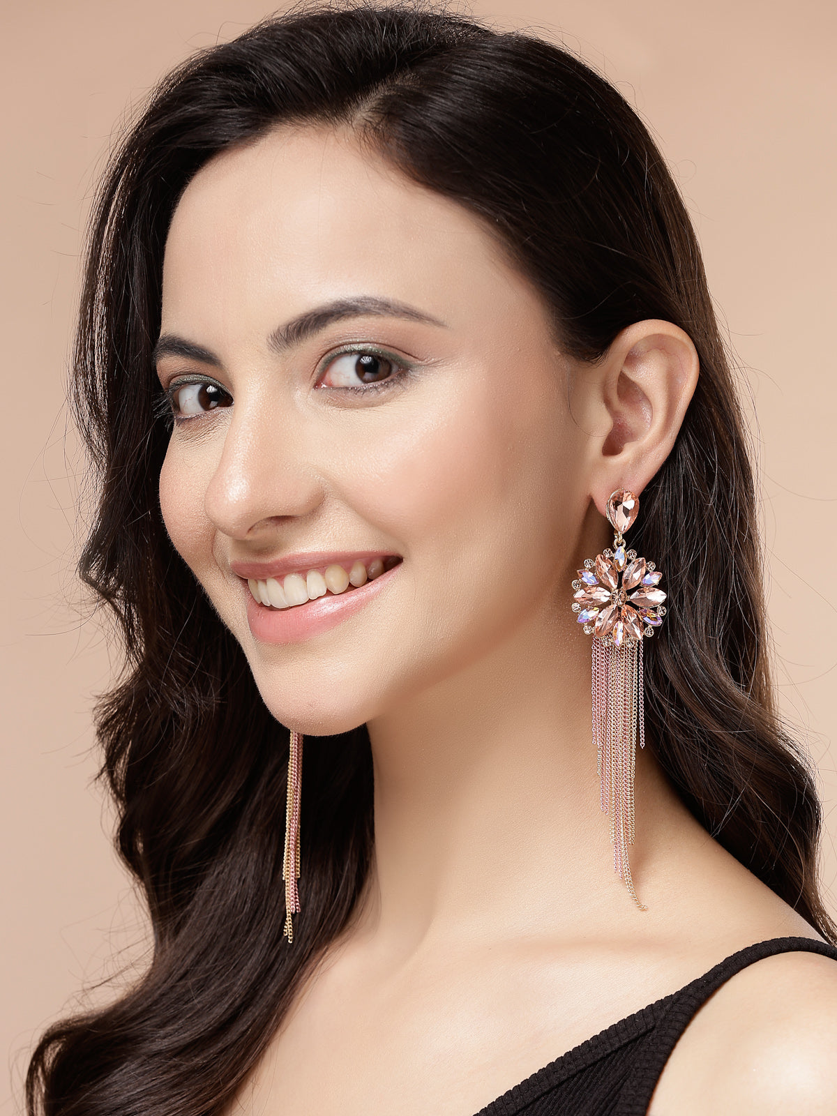 Scintillare By Sukkhi Fresh Flora Latest Stylish Gold Plated Crystal Handmade Long Tassel Peach Earrings for Women & Girls|Pair of 1|Gifts for Wife Girlfriend Mother Sister|E107216