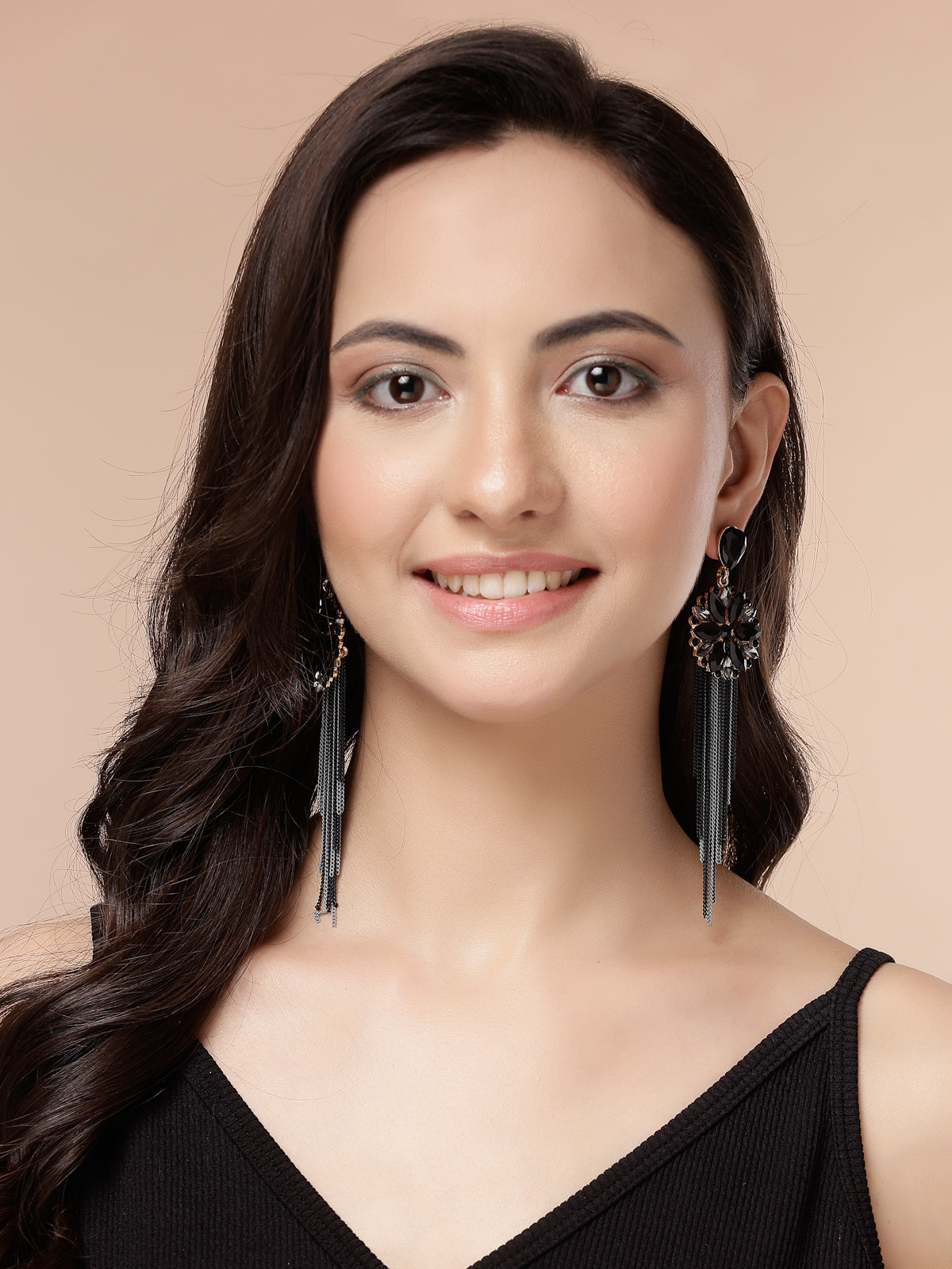 Scintillare By Sukkhi Fresh Flora Latest Stylish Gold Plated Crystal Handmade Long Tassel Black Earrings for Women & Girls|Pair of 1|Gifts for Wife Girlfriend Mother Sister|E107217