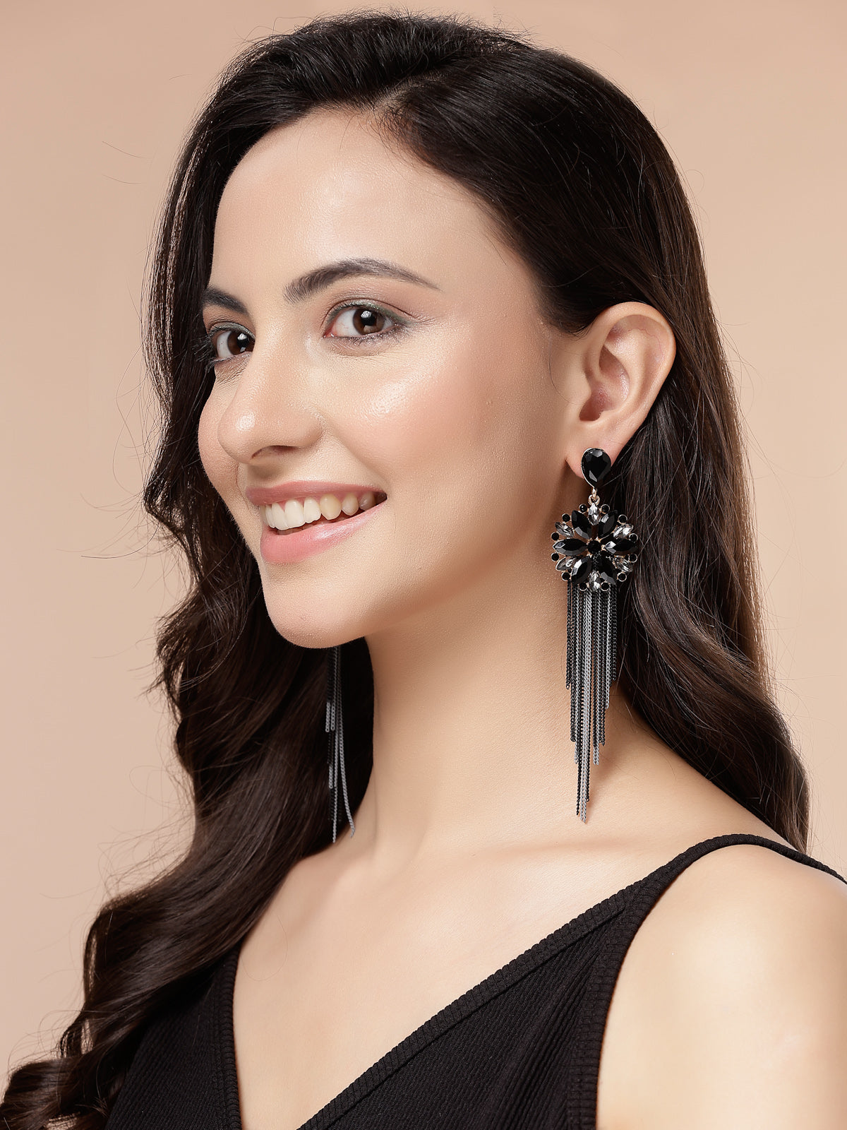 Scintillare By Sukkhi Fresh Flora Latest Stylish Gold Plated Crystal Handmade Long Tassel Black Earrings for Women & Girls|Pair of 1|Gifts for Wife Girlfriend Mother Sister|E107217
