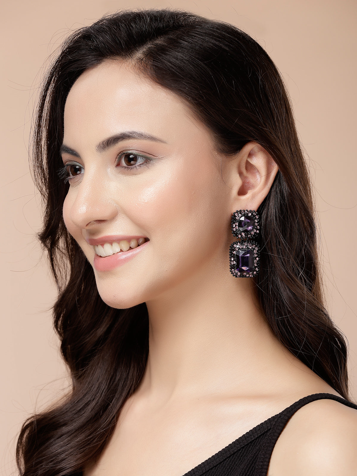 Scintillare By Sukkhi Glittering Square Shaped Crystal Studded Purple Drop Dangle Earrings for Women & Girls|Pair of 1|Jewellery Gifts for Wife Girlfriend Mother Sister|E107227