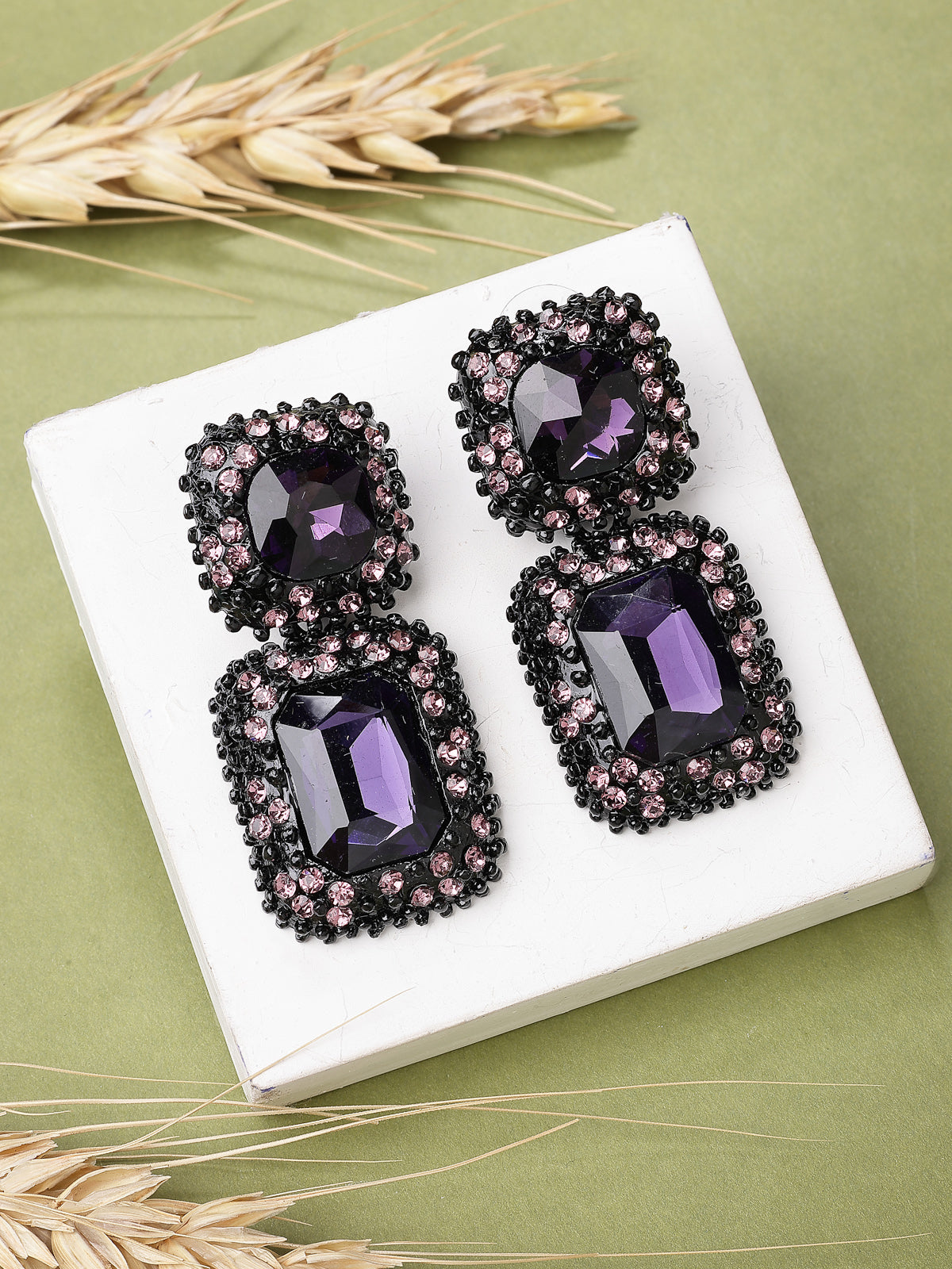 Scintillare By Sukkhi Glittering Square Shaped Crystal Studded Purple Drop Dangle Earrings for Women & Girls|Pair of 1|Jewellery Gifts for Wife Girlfriend Mother Sister|E107227