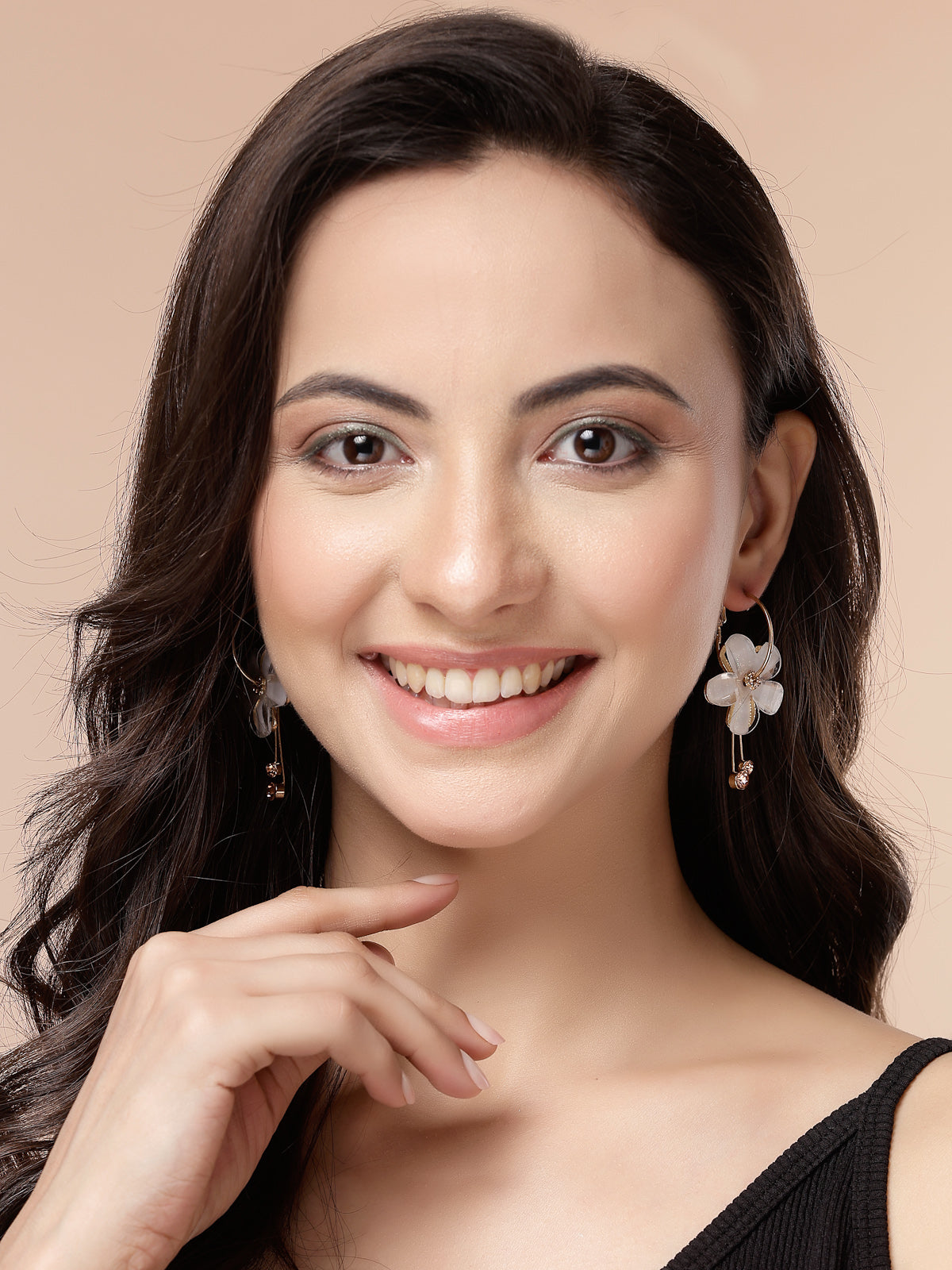 Scintillare By Sukkhi Golden Florally your Earring Crystal Stone Studded White Dangle Drop Hoop Earrings for Women & Girls|Pair of 1|Jewellery Gifts for Wife Girlfriend Mother Sister|E107228