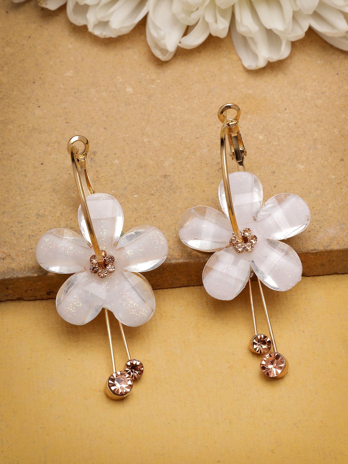 Scintillare By Sukkhi Golden Florally your Earring Crystal Stone Studded White Dangle Drop Hoop Earrings for Women & Girls|Pair of 1|Jewellery Gifts for Wife Girlfriend Mother Sister|E107228