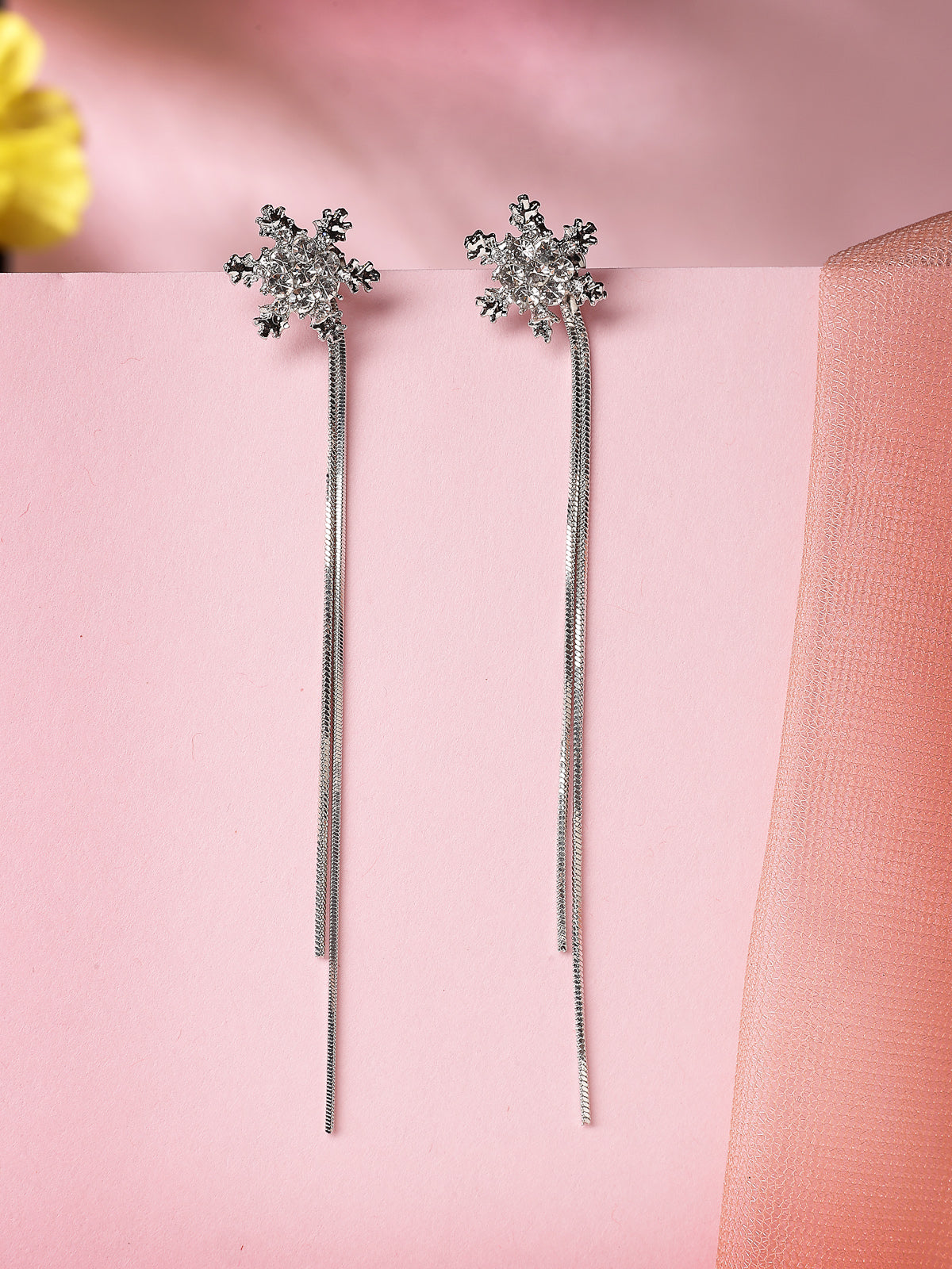 Scintillare By Sukkhi Floral Shiny Crystal Diamond Studded Long Silver Dangle Earrings for Women & Girls|Pair of 1|Jewellery Gifts for Wife Girlfriend Mother Sister|E107239