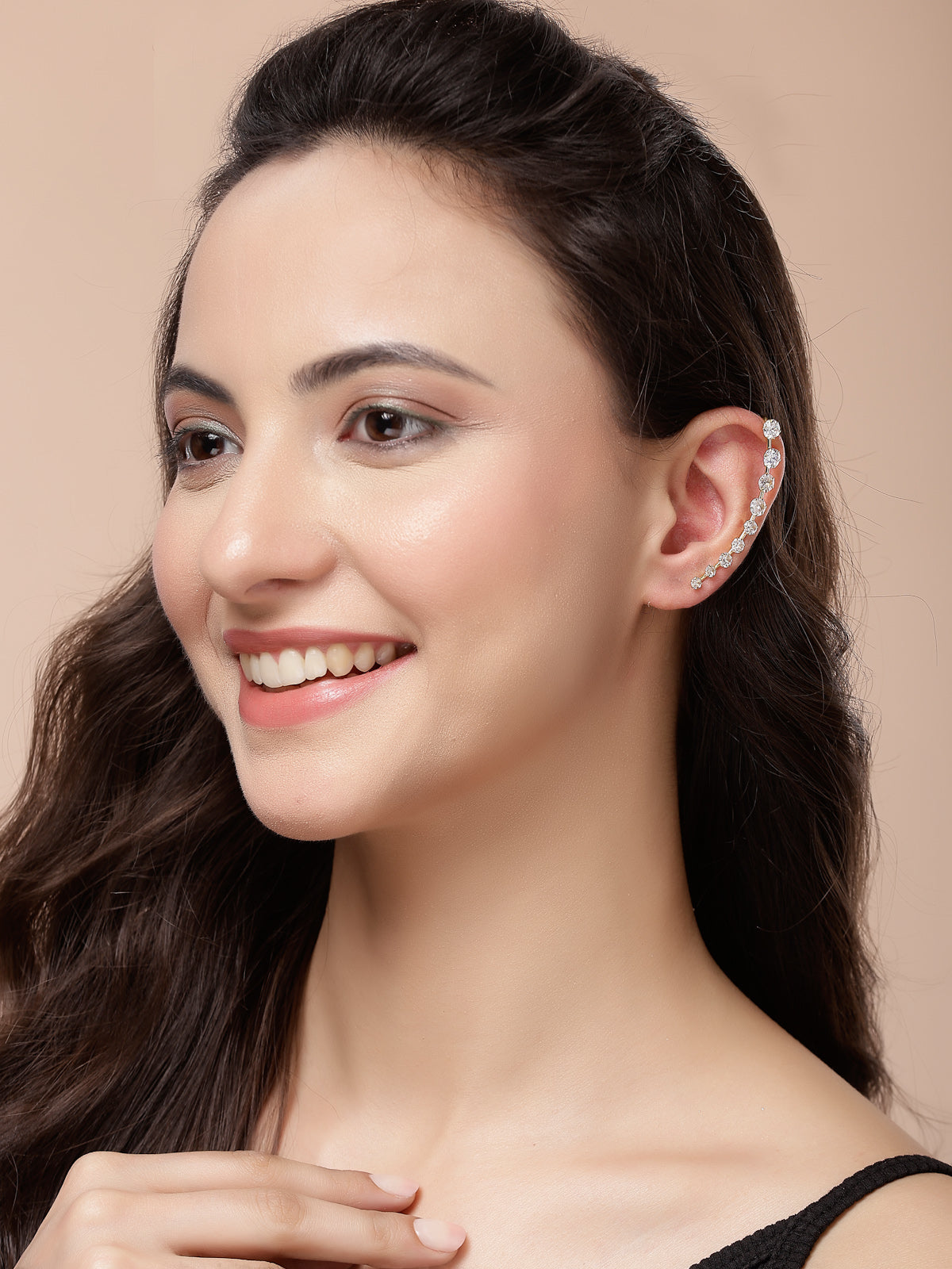 Scintillare By Sukkhi Delicate Gold Plated American Diamond Studded Contemporary Embellished Light Weighted Ear Cuff with Clip on Closure Earring for Women & Girls|E107240